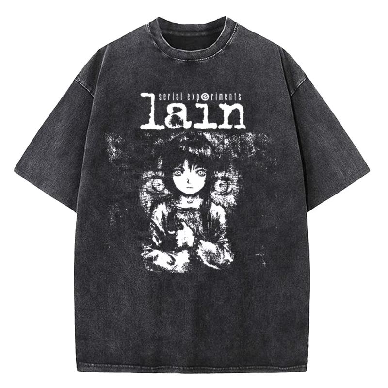 Women Japanese Anime Serial Experiments Lain Vintage Washed T Shirt High Quality Manga Short Sleeve T Shirt Women