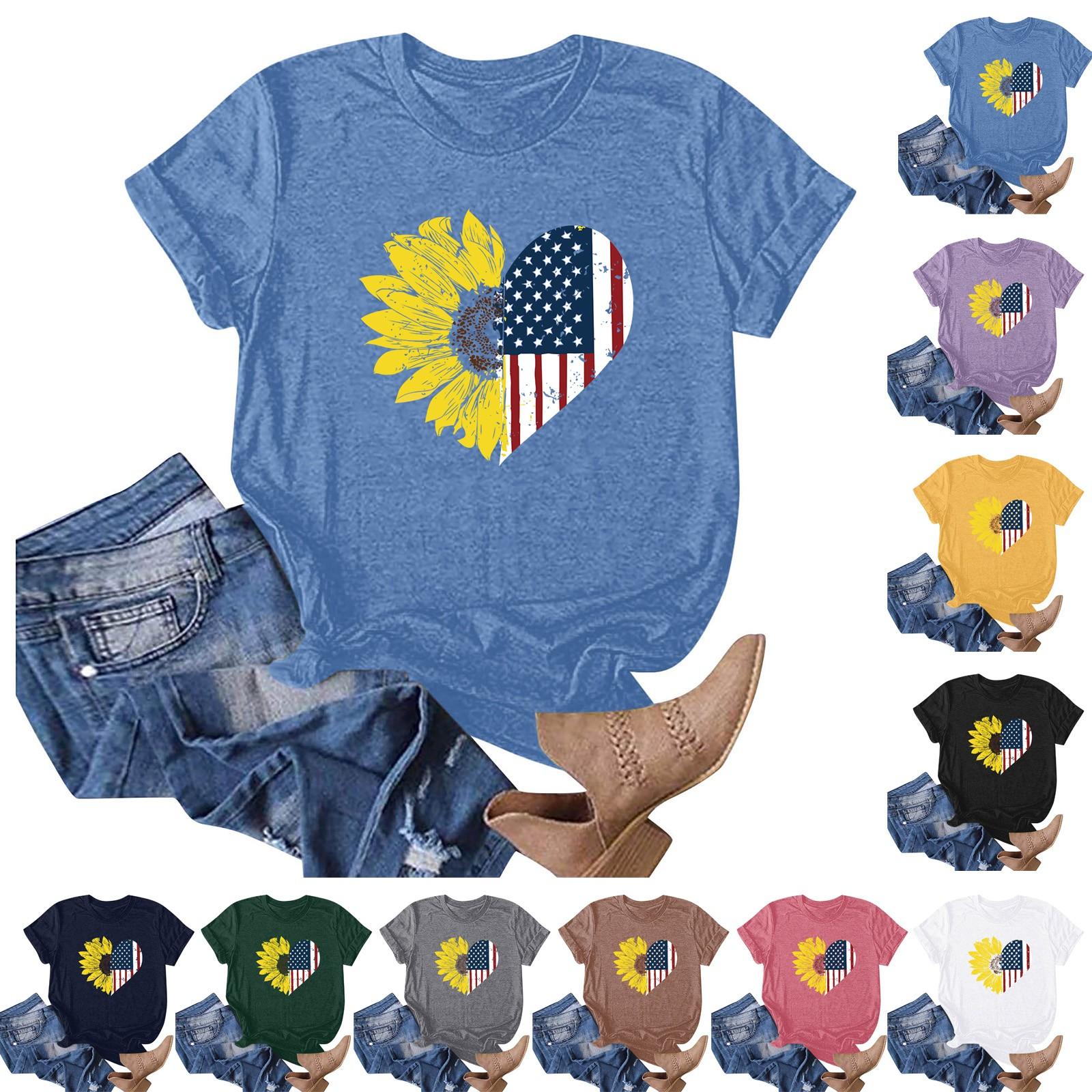 

Женская мода, повседневный пуловер с круглым вырезом и принтом подсолнуха, футболка с короткими рукавами, топ