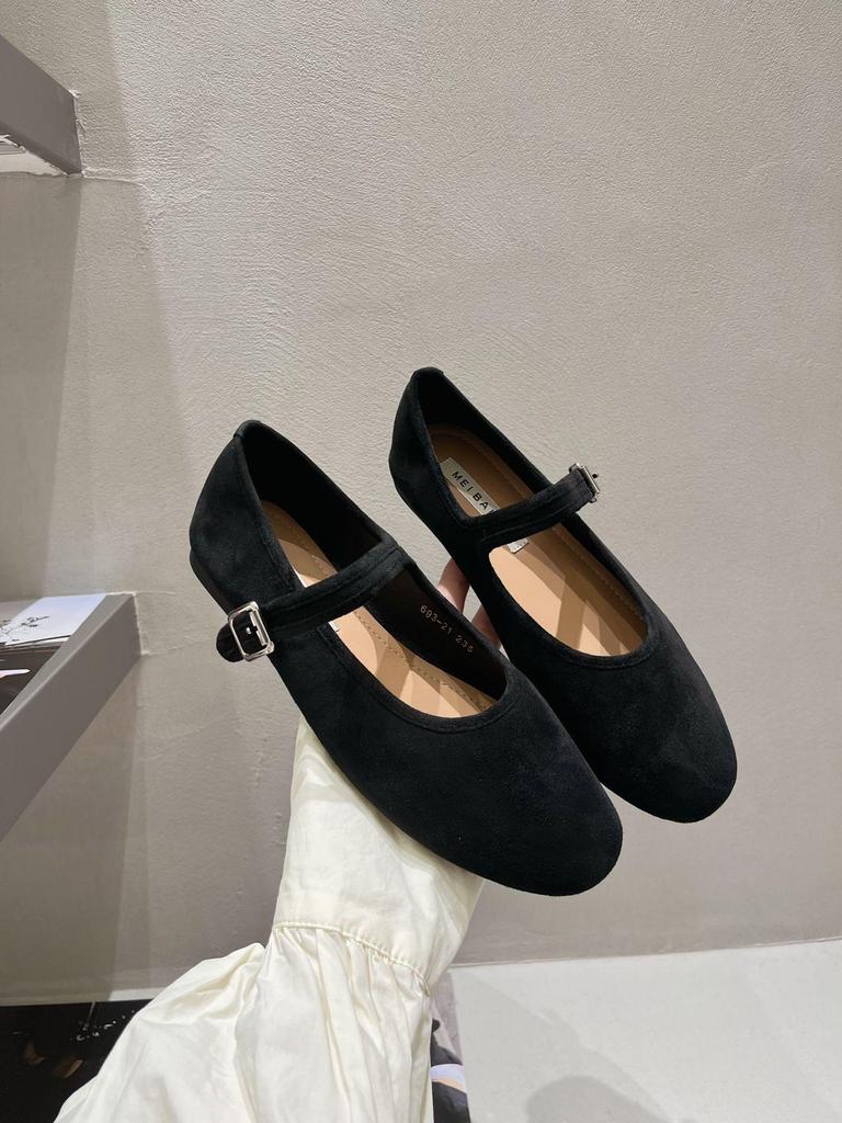 Baletari Mary Jane cu vârf rotund din piele întoarsă în stil coreean pentru femei - Toamna 2025