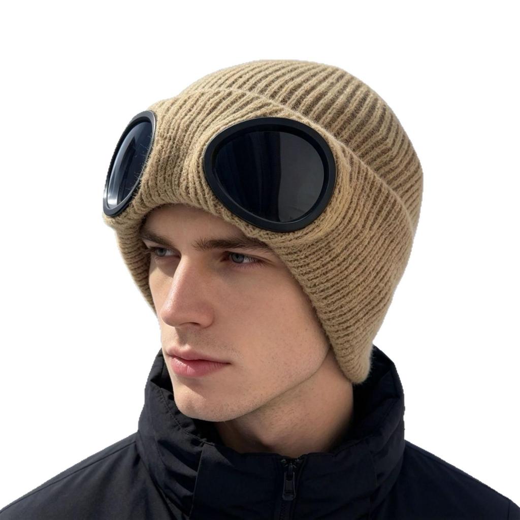 Men's Trendy Windproof Knit Pilot Hat with Goggles - Versatile & Warm for Autumn and Winter