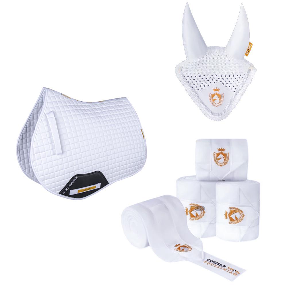 Six-Piece Equestrian Set: Ear Covers, Saddle Pads, Leg Wraps, Halters, Lead Ropes, and Matching Tack