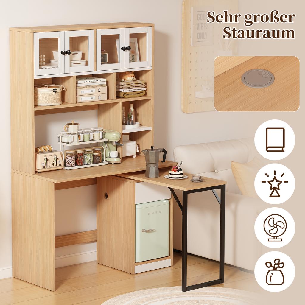 Computer Desk, Shelf Desk, Cabinet Desk Work Table, Cabinet Desk, White Natural 180cm