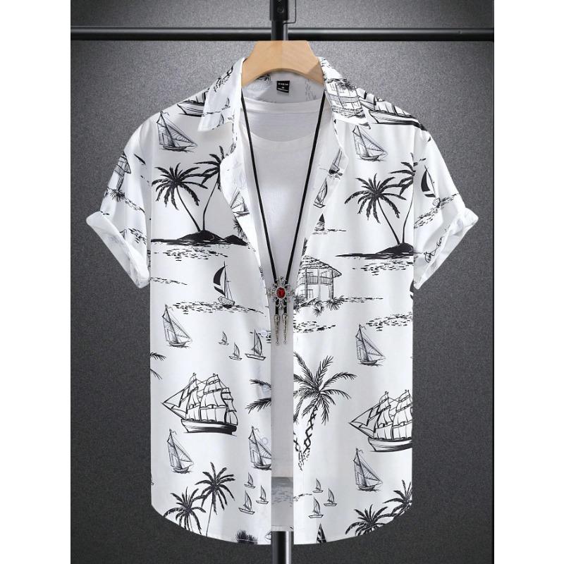 Hawaiian Botanical Flower Print Men's and Women's Short Sleeve Lapel Seaside Button-Down Shirt Top Casual Fashionable Shirts
