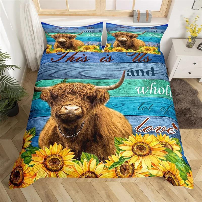 Hochlandrind Bettbezug Bulle Sonnenblume Kuh Bettwäscheset Queen Für Jungen Männer Mikrofaser Wildtiere Bauernhaus Tier Bettdeckenbezug