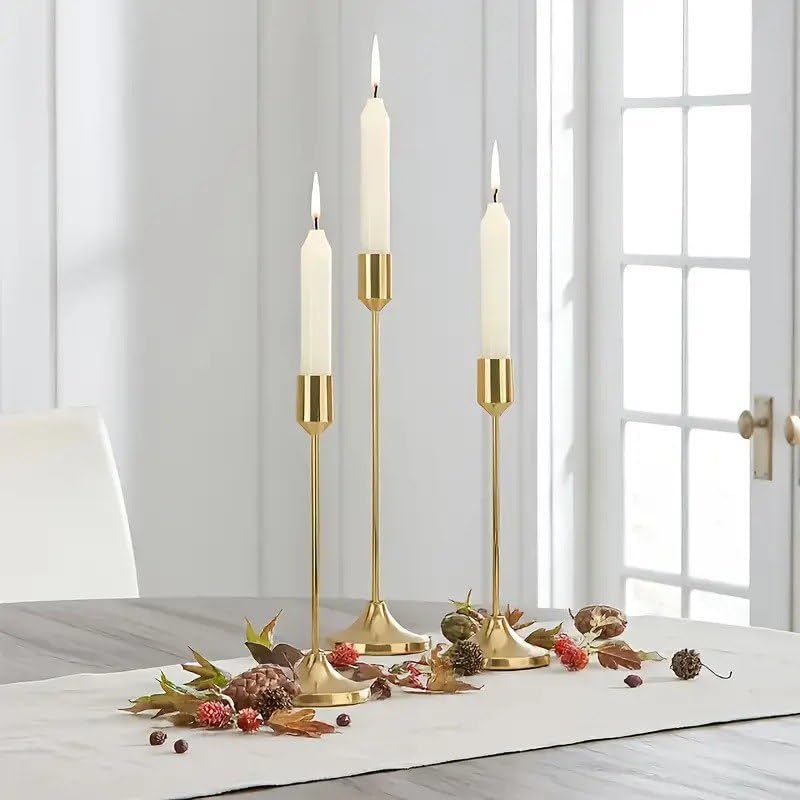 Vintage Brass Gold Candlestick Holder Set of 3 | Tall Elegant Taper Candle Stands, Decorative
