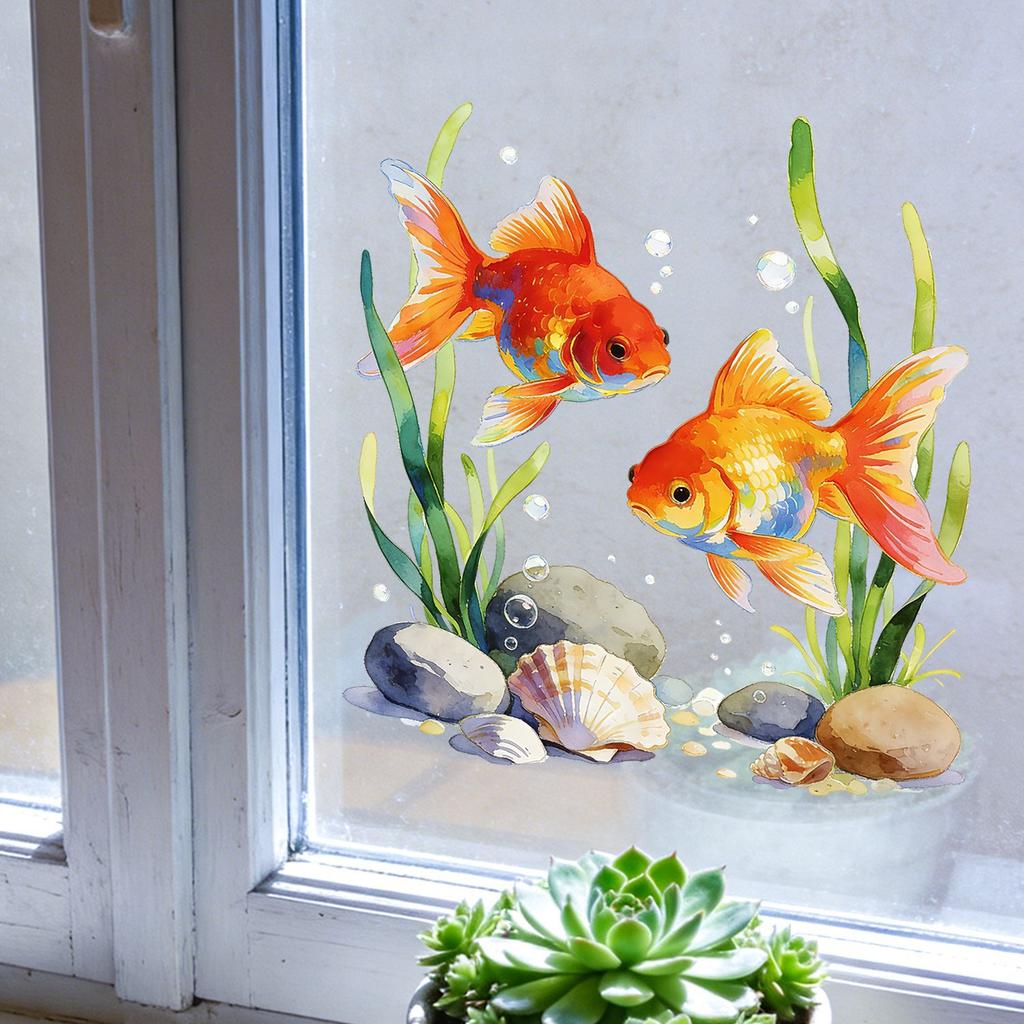 Creative Goldfish Playing Water Static Cling Wall Sticker for Living Room Bedroom Study Home Decor