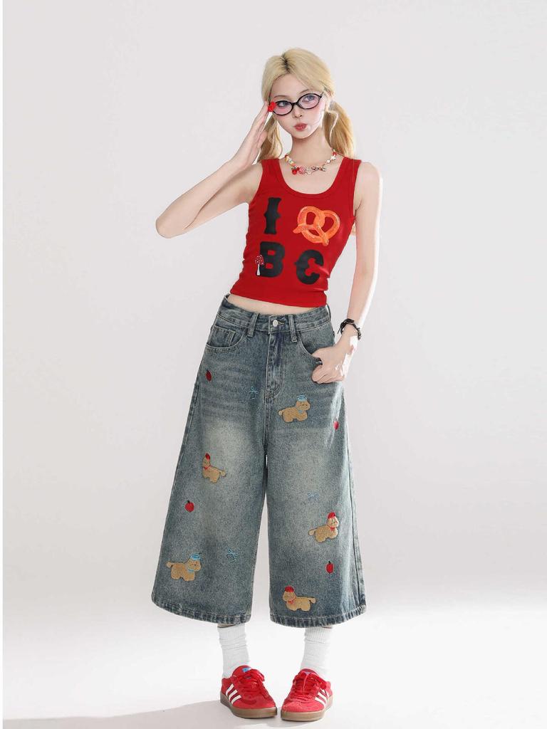 Women's Retro Cute Embroidered Puppy Chenille Denim Shorts - 2025 Summer Seven-Point Loose Fit