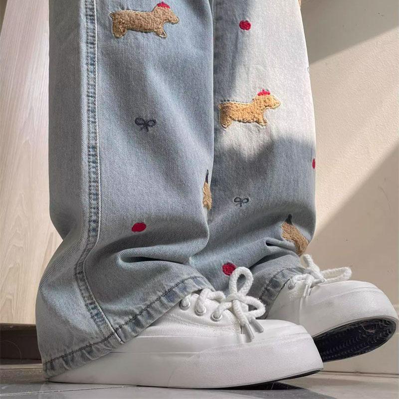 Embroidered Loose Straight Leg Jeans for Women High Waist Loose Plus Size 3xl Casual Wide Leg Denim Trousers Female