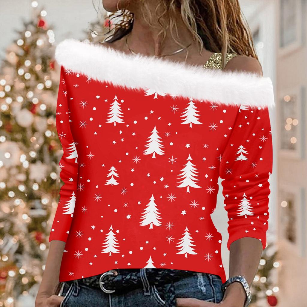 Women's Autumn And Winter Long Sleeved Single Shoulder Strap Christmas Print Pullover Top