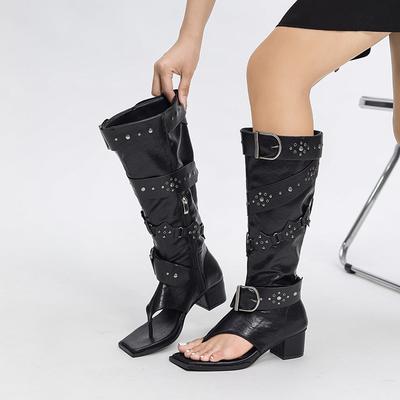 Fashion New Black Brown Rivet Belt Buckle Herringbone Clip Foot Roman Cool Boots Summer 5cm Thick Heel Exposed Toe Long Tube Thin Boots