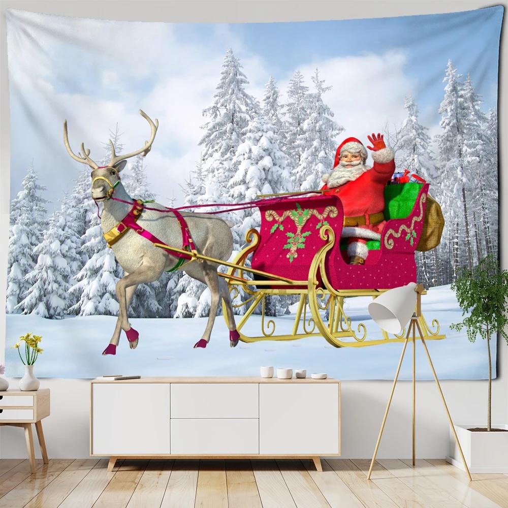 Santa Claus And Sleigh Tapestry Wall Hanging Cartoon Illustration Witchcraft Christmas Day Girl Dormitory Home Decor