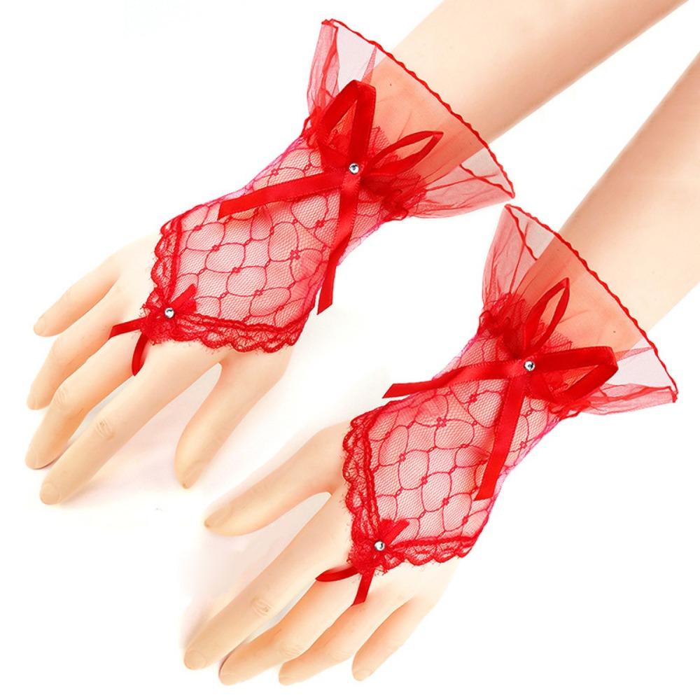 

Female Full Finger Ruffle Lace Mittens Summer UV Resistant Driving Mesh Gloves червоний