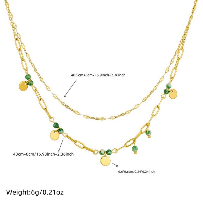 Gold Green Bead Disc Layered Necklace for Women