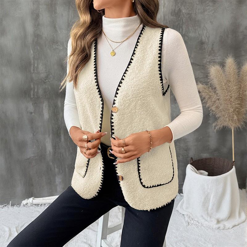 Womens V-Neck Sleeveless Cardigan Vest Plus Size Mid-Length Thick Fleece Outerwear Fall Winter Loose Casual Top