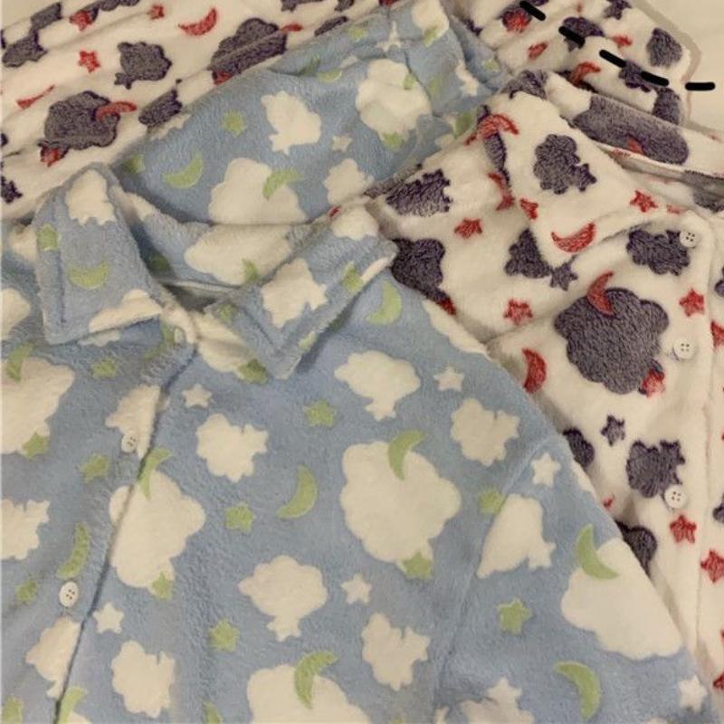 Winter Warm Pajama Sets Women Sweet Baggy Cloud Print Casual Home Girls Velvet Thicker Sleepwear Lounge Dormitory