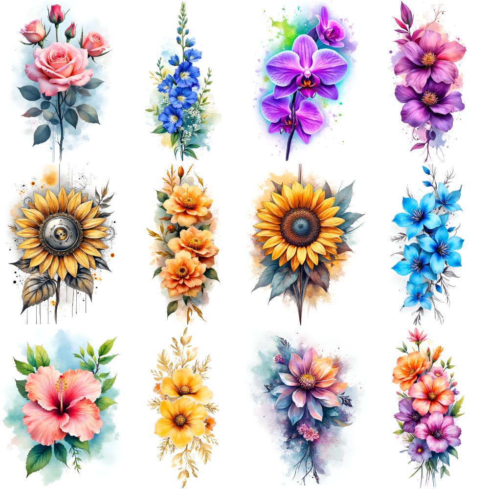 12 шт. Временные татуировки Орхидеи Водонепроницаемые Долговечные Наклейки на тело Цветочные Татуировки Цветные Татуировки Акварельные Для