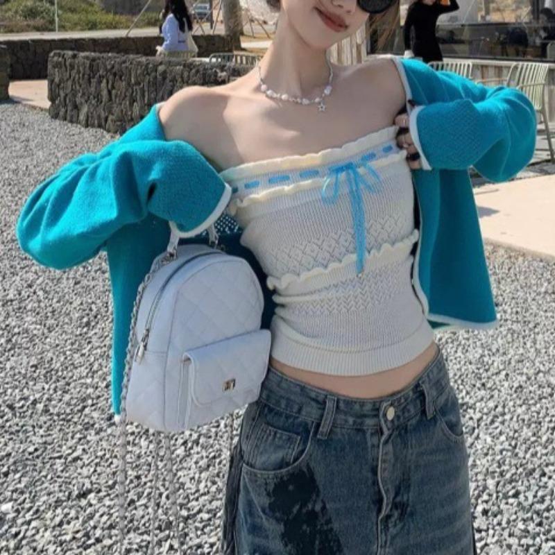 Holiday style long-sleeved knitted cardigan Spice Girl lace-up chic tube top women's spring new fashion suit