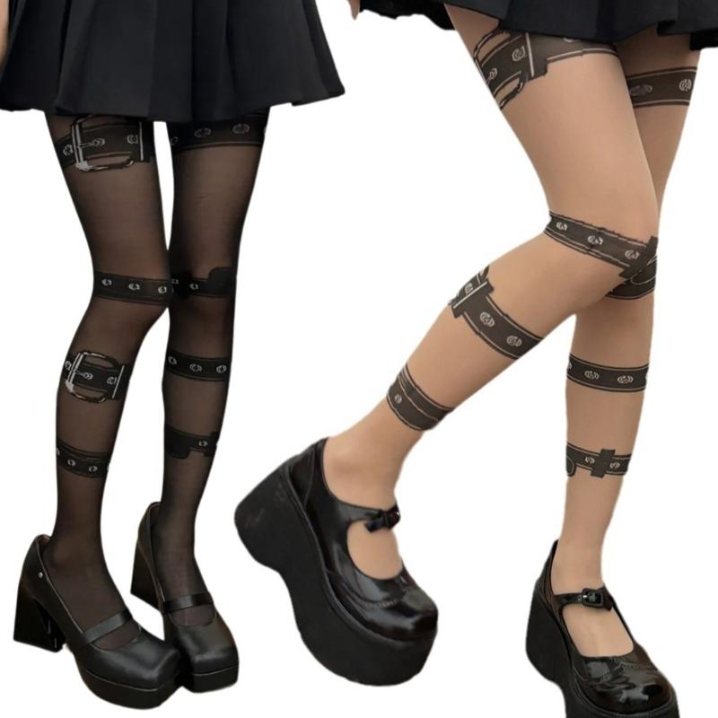 Sexy Women Faux Thigh Garter Belt See Through Pantyhose Tights Fake Harness Leg Garter Print Gothic Punk Sheer Stockings