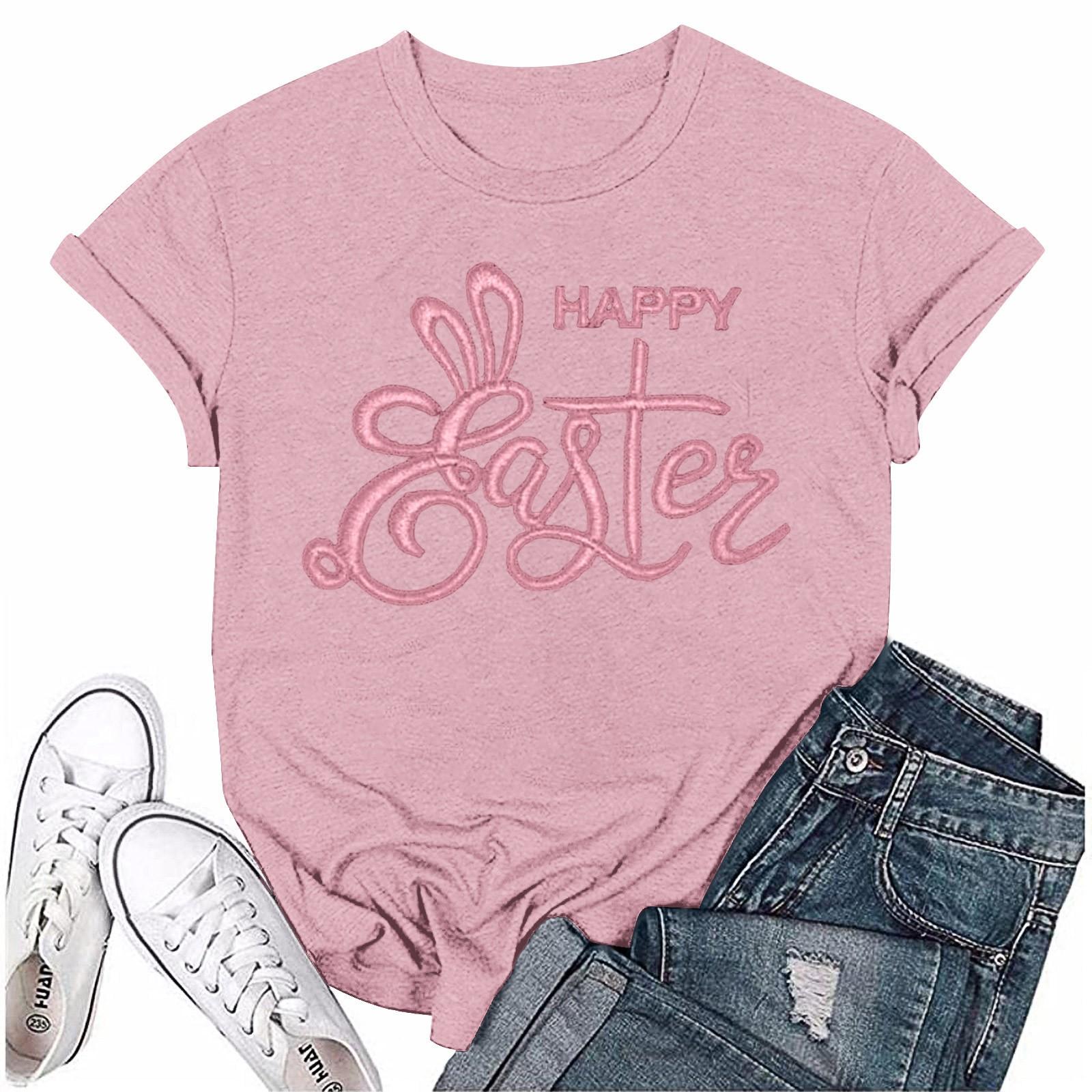 

Женская модная пасхальная принтованная повседневная плиссированная круглая футболка с коротким рукавом L розовый