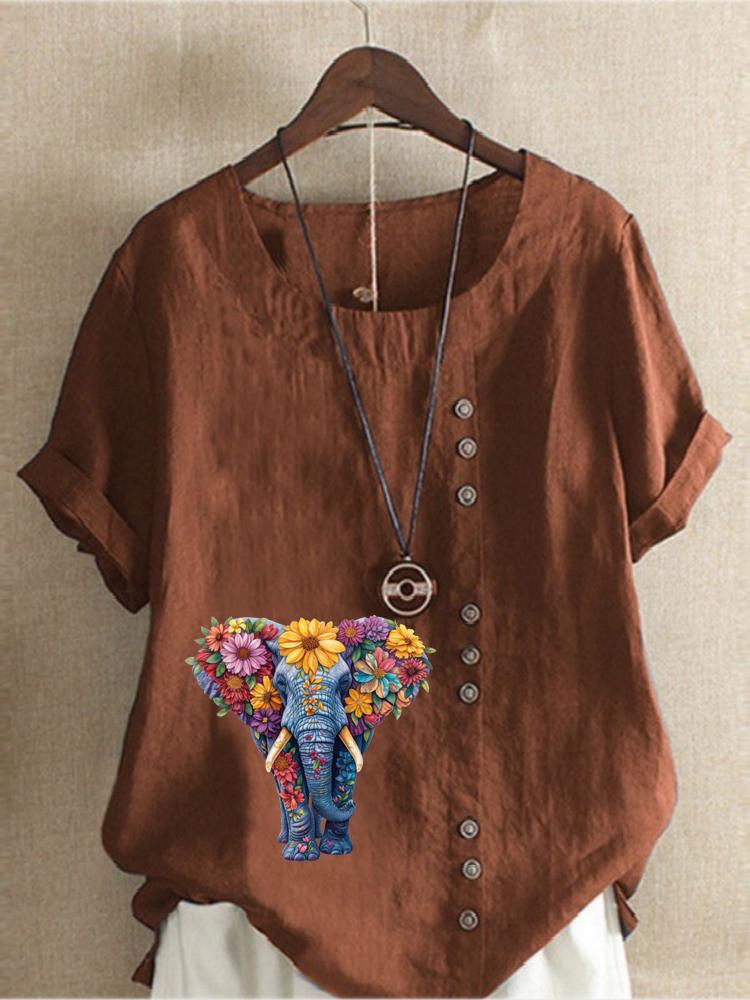 Women's Fashion Flower Elephant Print Round Neck Short Sleeve T-shirt Casual Cotton Linen Graphic Shirt Leisure Loose Summer Blouse Tops