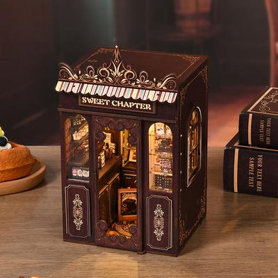 DIY Book Nook Kit Wooden Doll House Kit 3D Puzzle Bookshelf Insert Decor With LED Light Assembly Model Building Christmas Gift