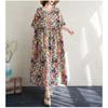 Damen Baumwolle und Leinen Rundhals Kurzarm Schlicht Floral Langrock, Langes Mädchen
