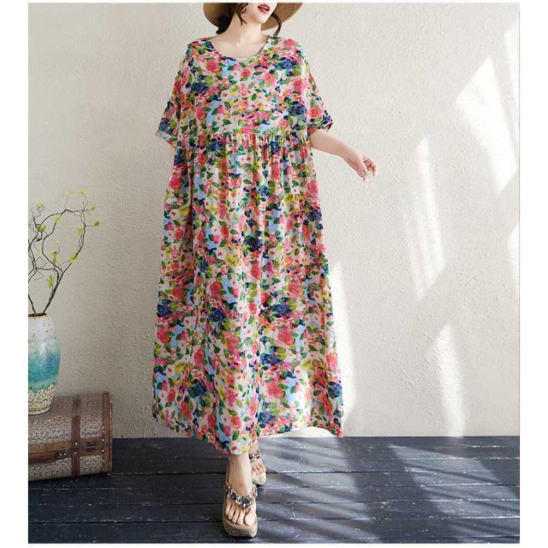 Women's Cotton and Linen Round Neck Short Sleeved Simple Floral Long Skirt, Long Girl