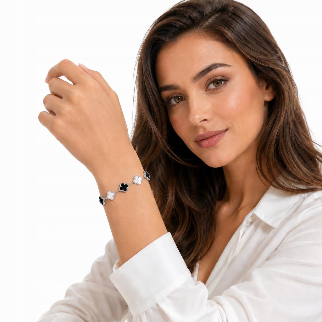 Silver Women' Bracelet SILVER Clover Pearl Onyx Hand Gift