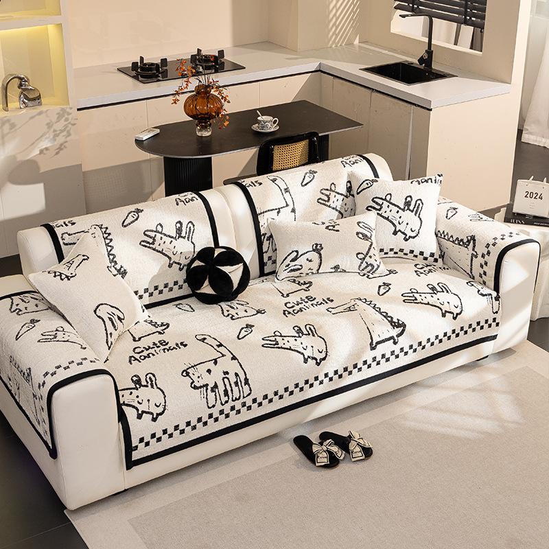 Cartoon Half Fleece Sofa Cushion  New Winter Simple Modern Seat Cushion Fixed Non-Slip Sofa Cover Cover Cloth