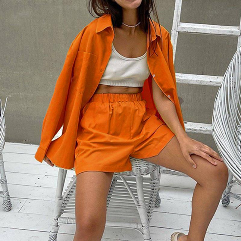 

Hirsionsan, летние однотонные модные повседневные комплекты из двух предметов, женские рубашки с короткими рукавами и шорты с высокой талией, женский свободный мягкий спортивный костюм S оранжевый
