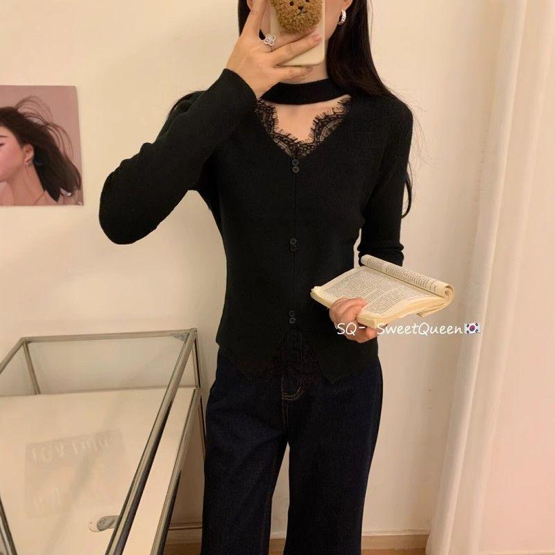 

Elegant Niche Halter V-Neck Knitwear: Women s Autumn/Winter Slim Long-Sleeve Top One Size чёрный