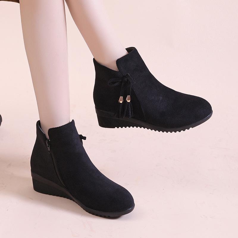 Winter new women's boots round head side zipper wedge heel women's suede large size bow solid color fashion boots