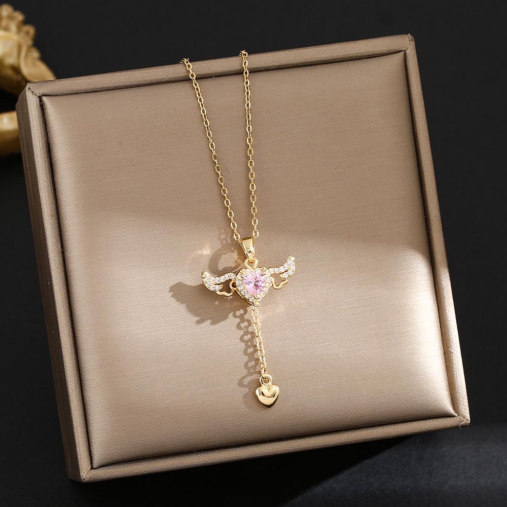 Cupid Angel Heart Necklace with Moving Wings Pendant for Women золотой