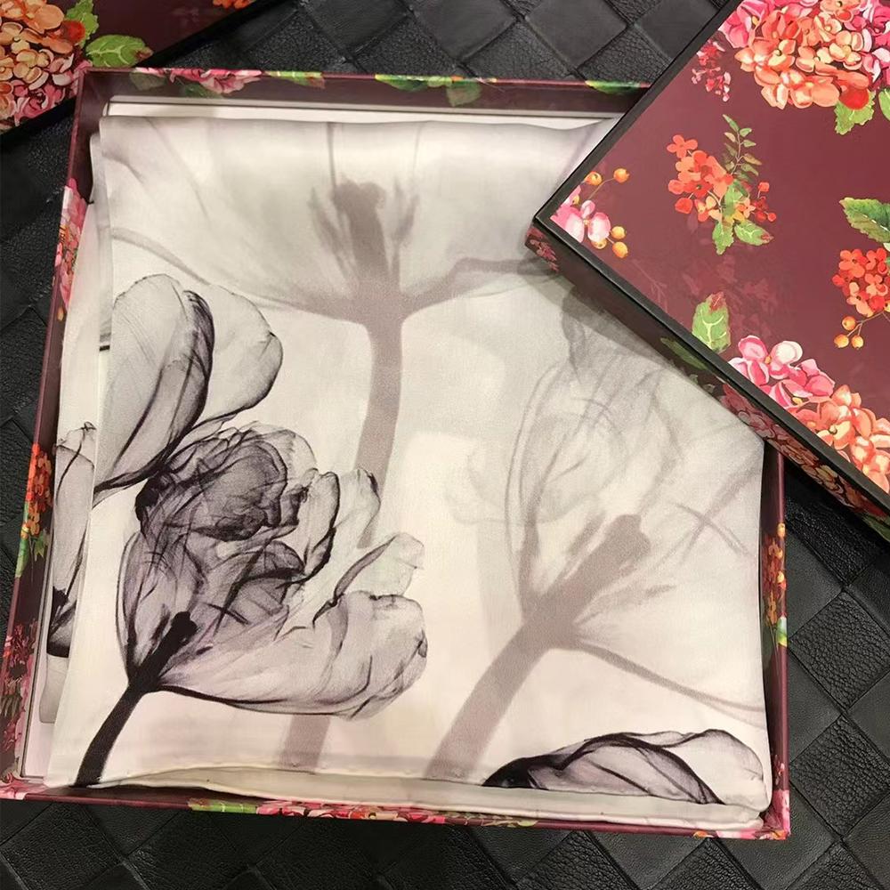 New Blue Women'S 100% Mulberry Silk Scarf Shawl 175*52Cm Fashion Floral Design Long Scarves Wraps Fall Winter Headscarves