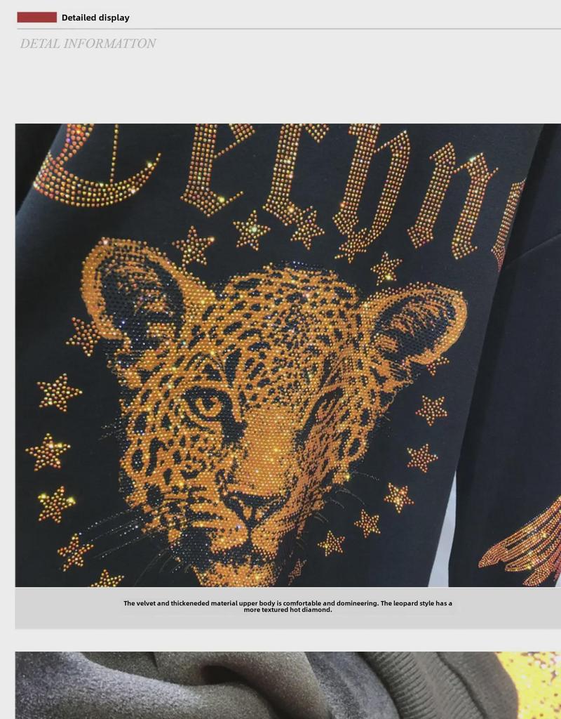 Dámský svetr s leopardím vzorem a diamanty - extra velký - luxusní, volný střih, kulatý výstřih