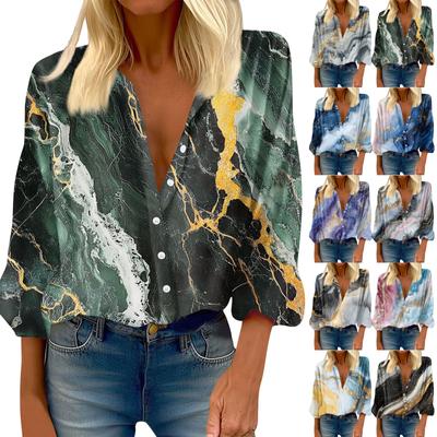 Women's Shirt Button Casual Print Fashion Round Neck Drop Shoulder Seven Sleeve Shirt Top