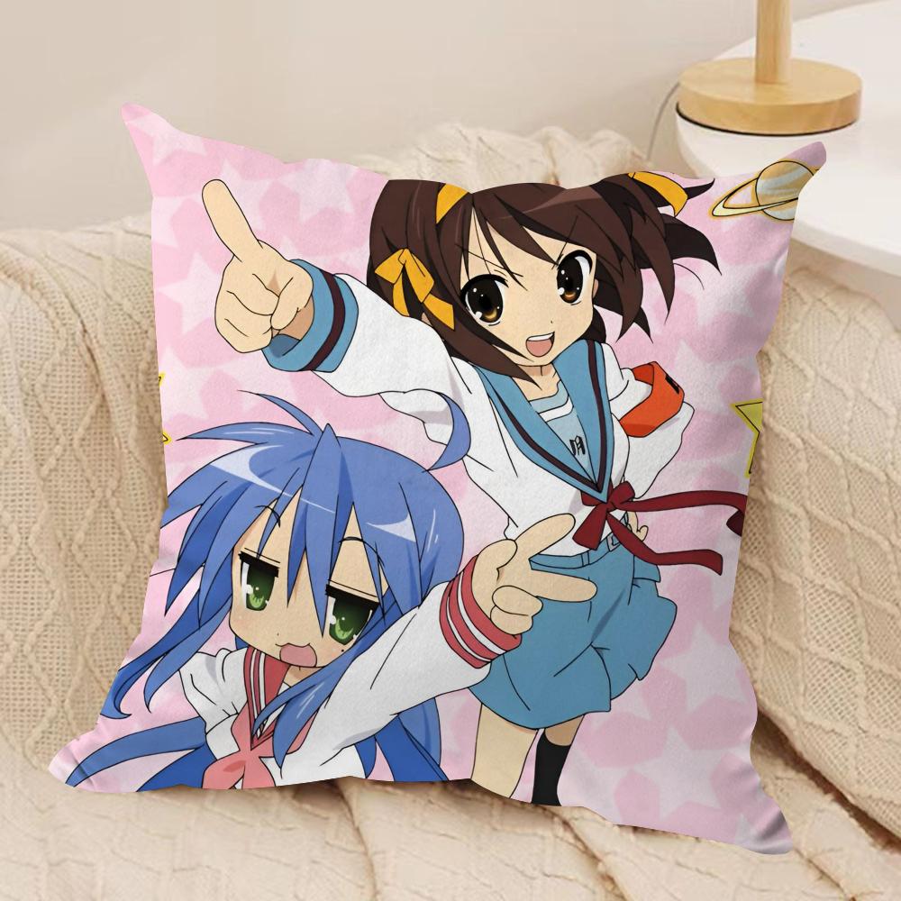 The Melancholy of Haruhi Suzumiya Cushion Cover Soft Plush Fabric Double-Sided Printed Sofa Cushion Cover for All Seasons Decor