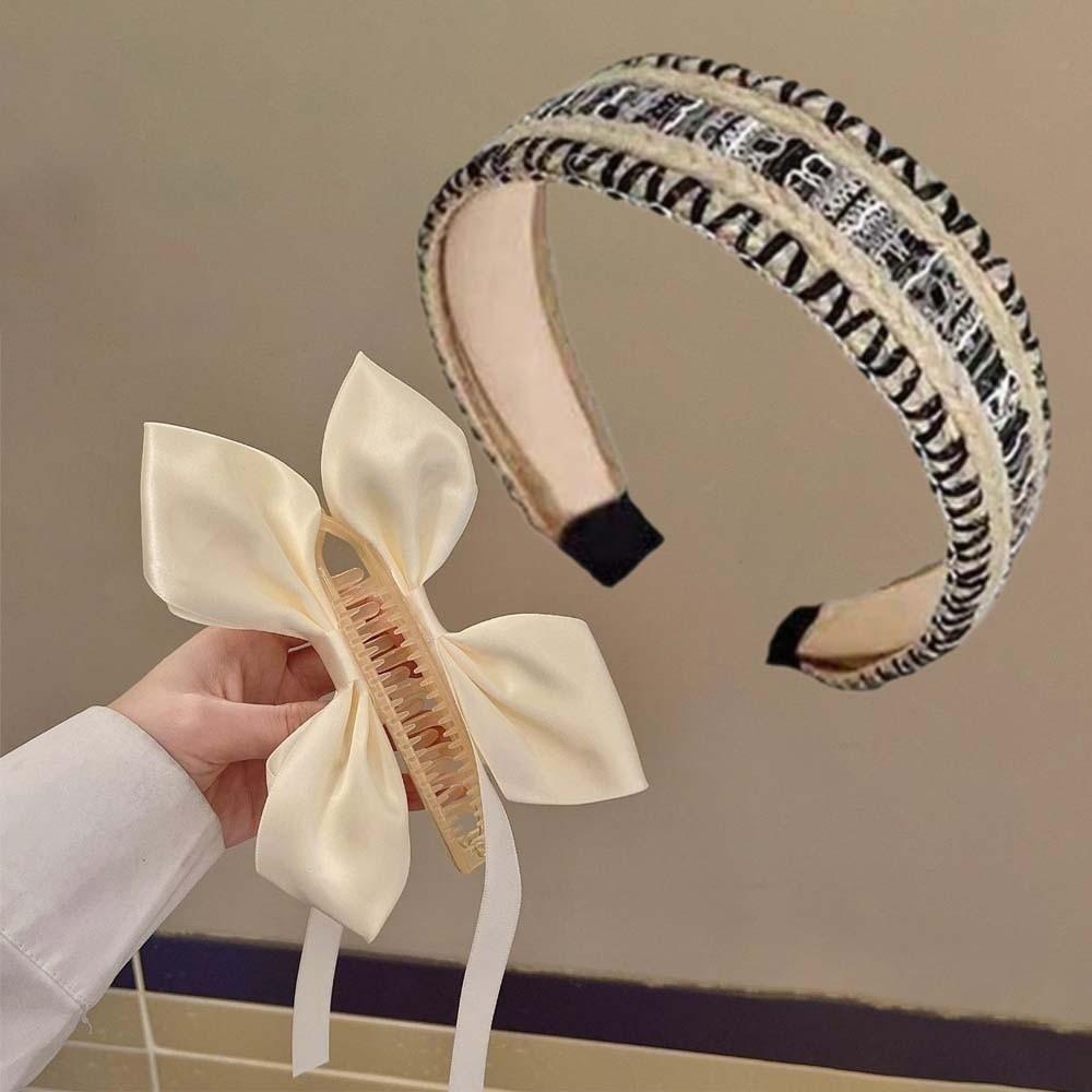 

2 шт. Зажим-банан в стиле балета с лентой, широкий боковой бант, вертикальный зажим, женская плетеная повязка на голову, подарки бежевый