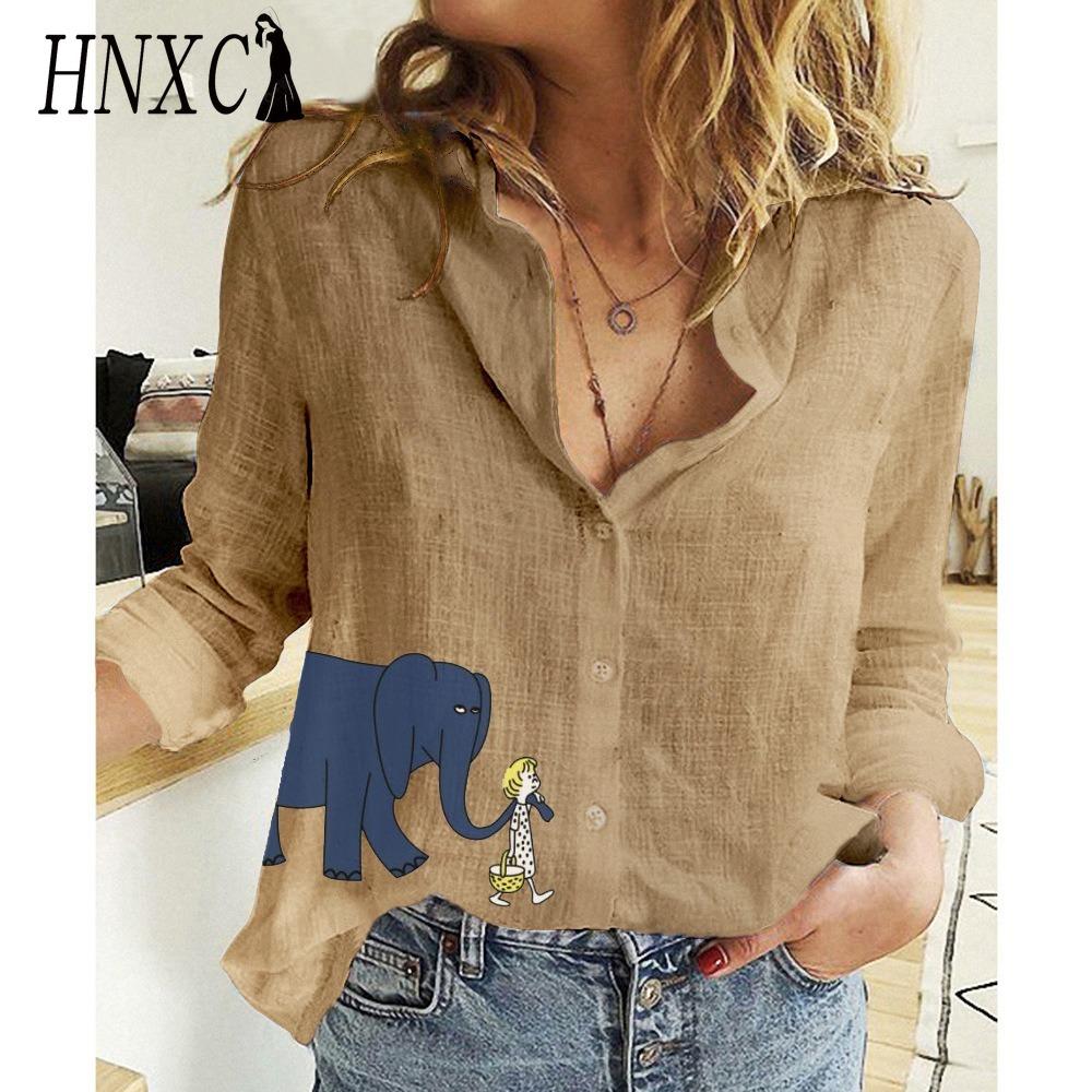 HNXC Women's Fashion Casual Blue Elephant Print Long Sleeve POLO Neck Blouses & Shirts