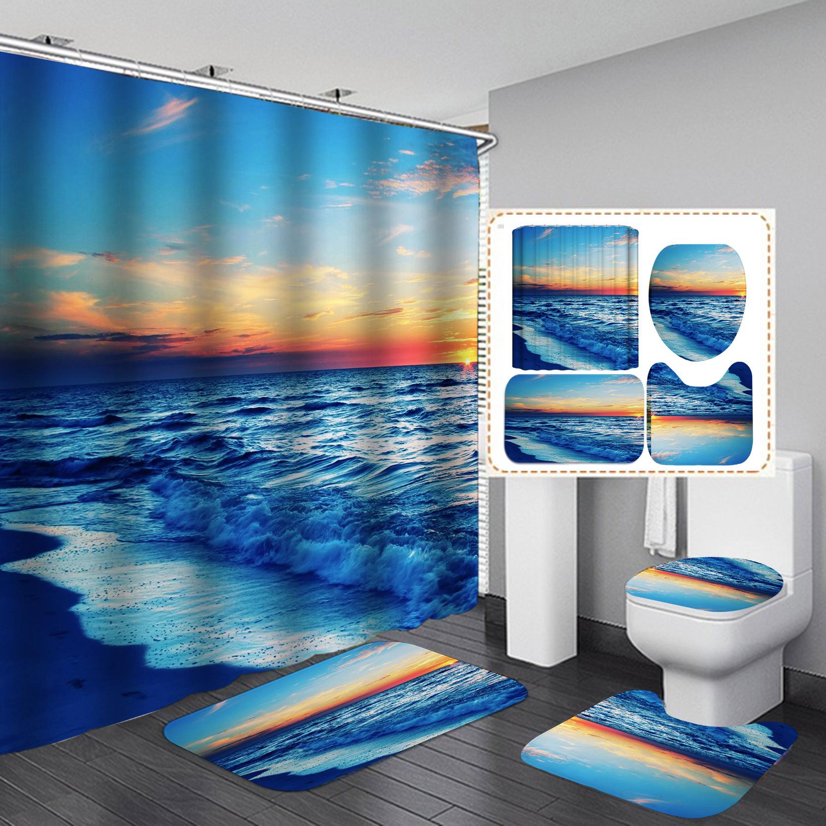 

4Pcs серії Beach Набори завіс для душу для ванної кімнати Нековзкі килимки для ванної кімнати Кришка для унітазу Килимок для ванної кімнати
