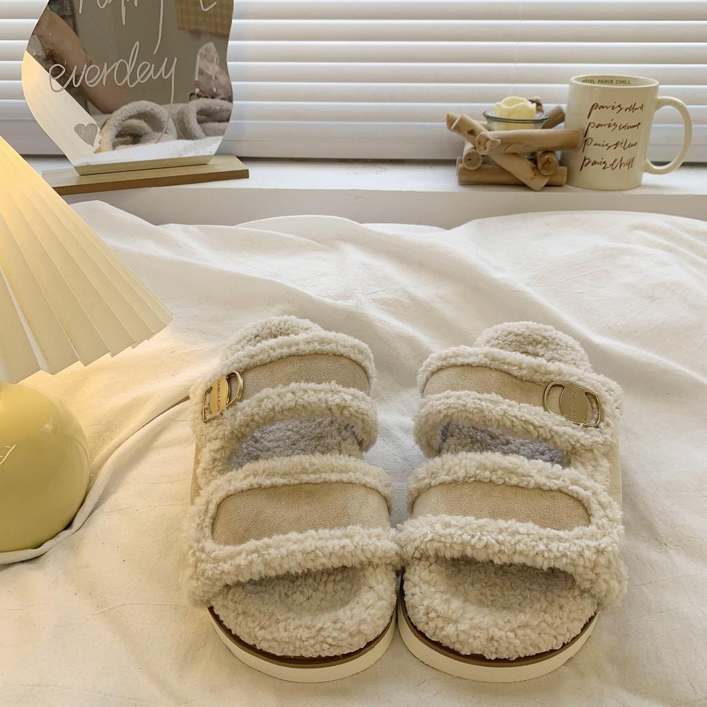 Internet celebrity thick bottom Birkenstock hairy slippers women wear autumn and winter 2025 new high-end explosion non-slip cotton slippers