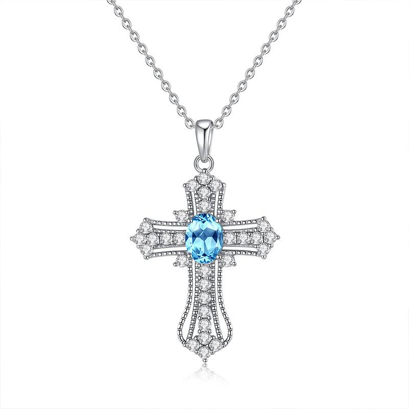 S925 Pure Silver All Diamond Cross Necklace for Women, Silver Inlaid with Natural Color Treasure, Fashionable and Versatile Gift