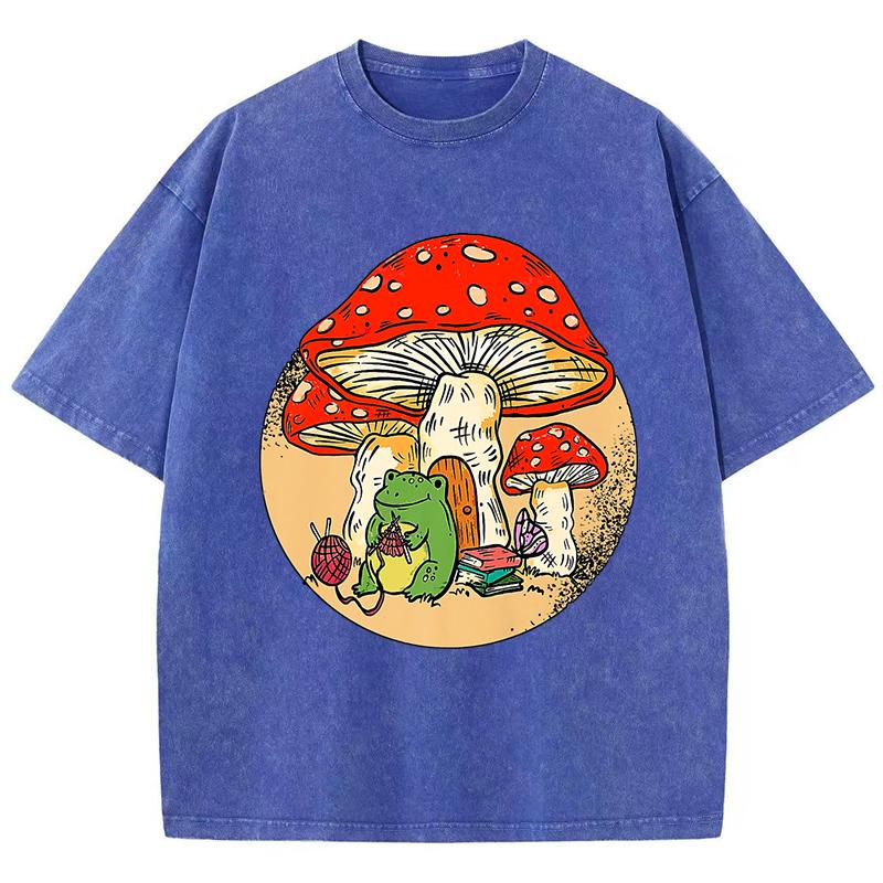 Cute Frog Kinting Mushroom Print Woman Washed T-Shirt Cotton Summer T Shirt Soft Loose Streetwear Y2K Short Sleeves