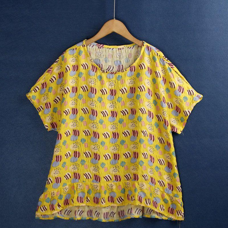 

Хлопково-льняная рубашка большого размера с тонким принтом и оборками на коротких рукавах Yellow No. 8 All yards