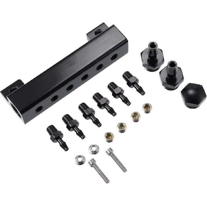 Motoforti Universal Vacuum Block Intake Manifold Kit, Turbo Wastegate Boost Block Intake Manifold, 6 1/8  Ports, 2 3/8  Interfaces, Aluminium, Black,