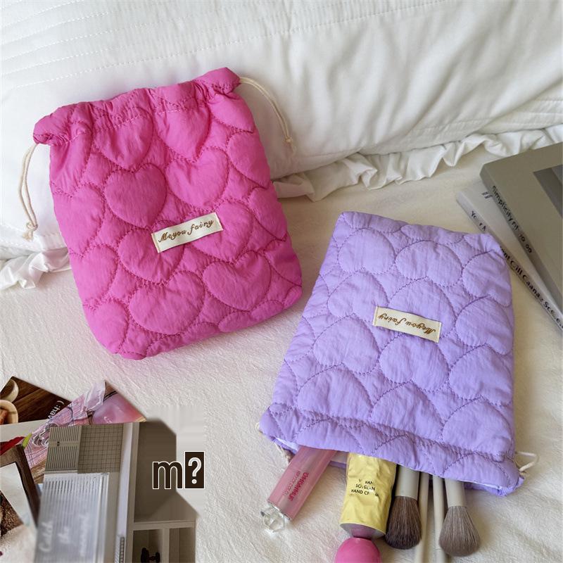 Korean Style Heart Quilted Drawstring Cosmetic Bag - Dustproof, Padded, Perfect for Travel.