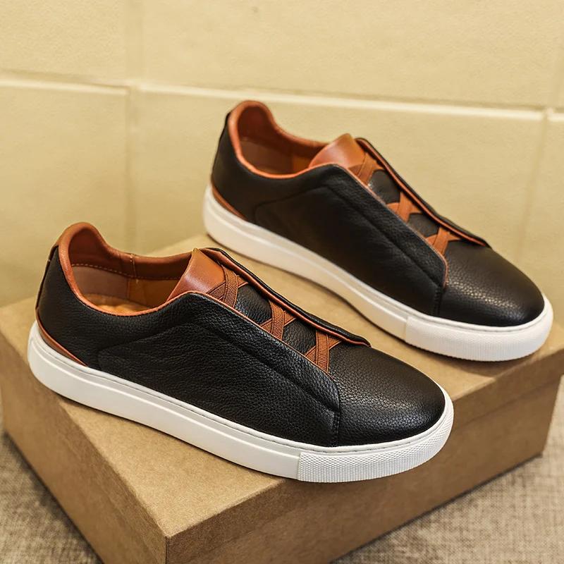 Men Casual Shoes genuine leather Spring autumn Flats Shoes Man Trendy Shoes black white Fashion Designer Sneakers men flats