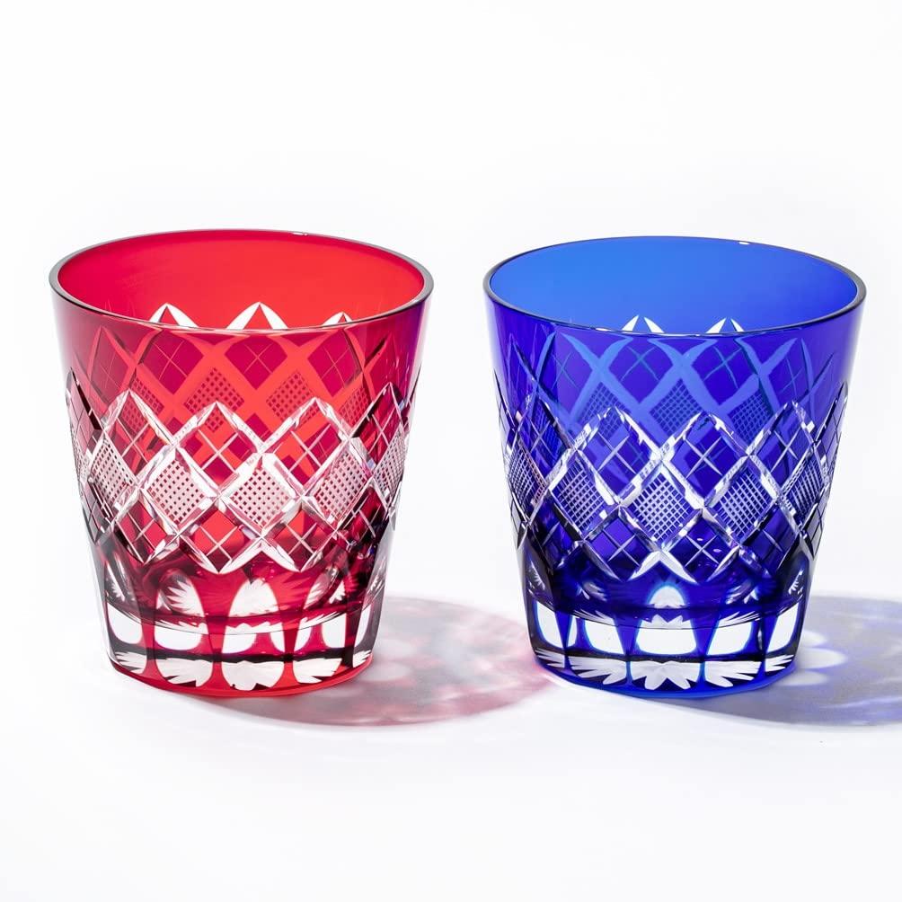 Official Direct Sales from Taiburo Edo Kiriko Yarai Nanako Old Glass Pair and Wooden Made in Japan Studio (Fish Roe) Open-Top (Red Blue) TB90425RB,