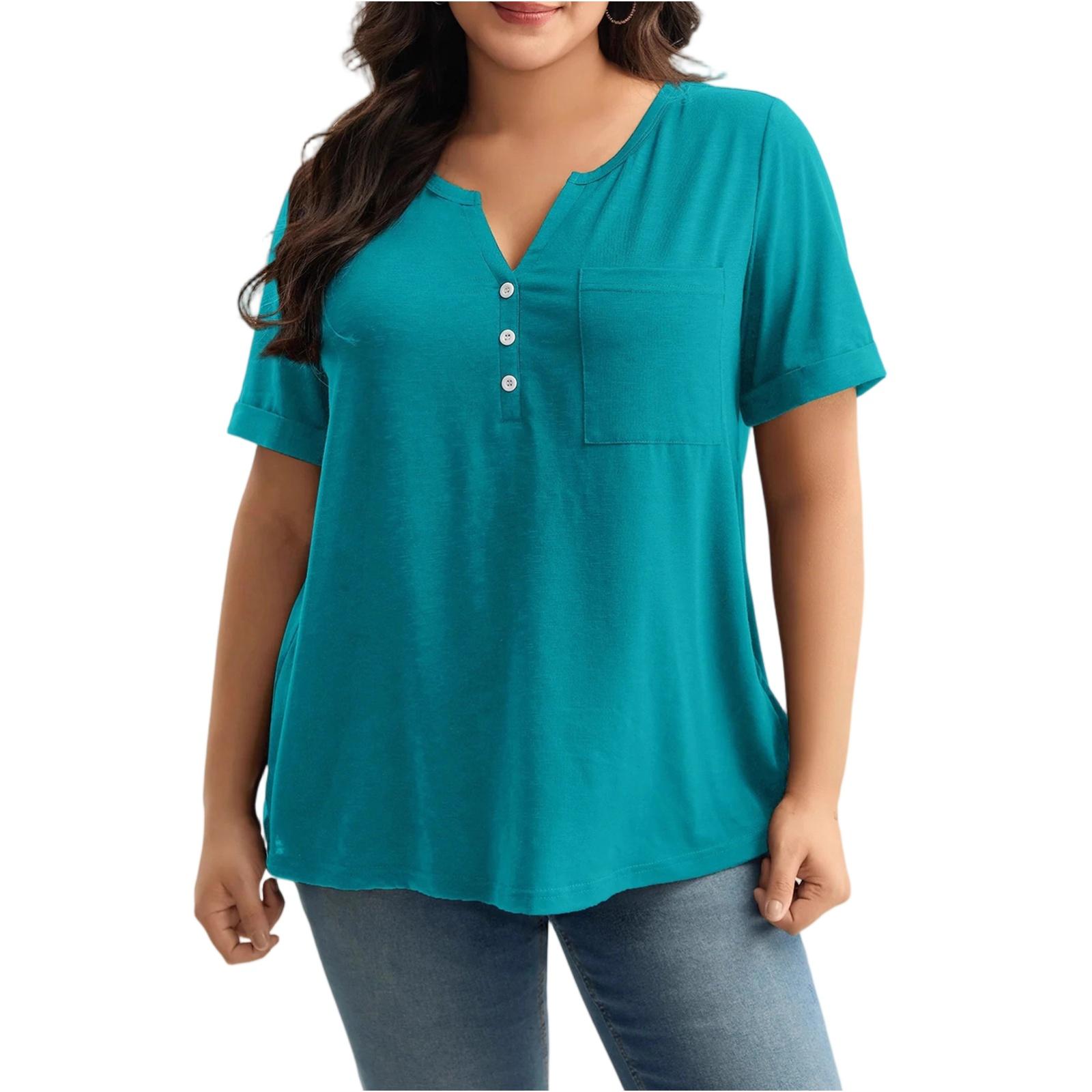 

Women s Plus Size Minimalist Loose V,neck Single,breasted Short Sleeve Top XL