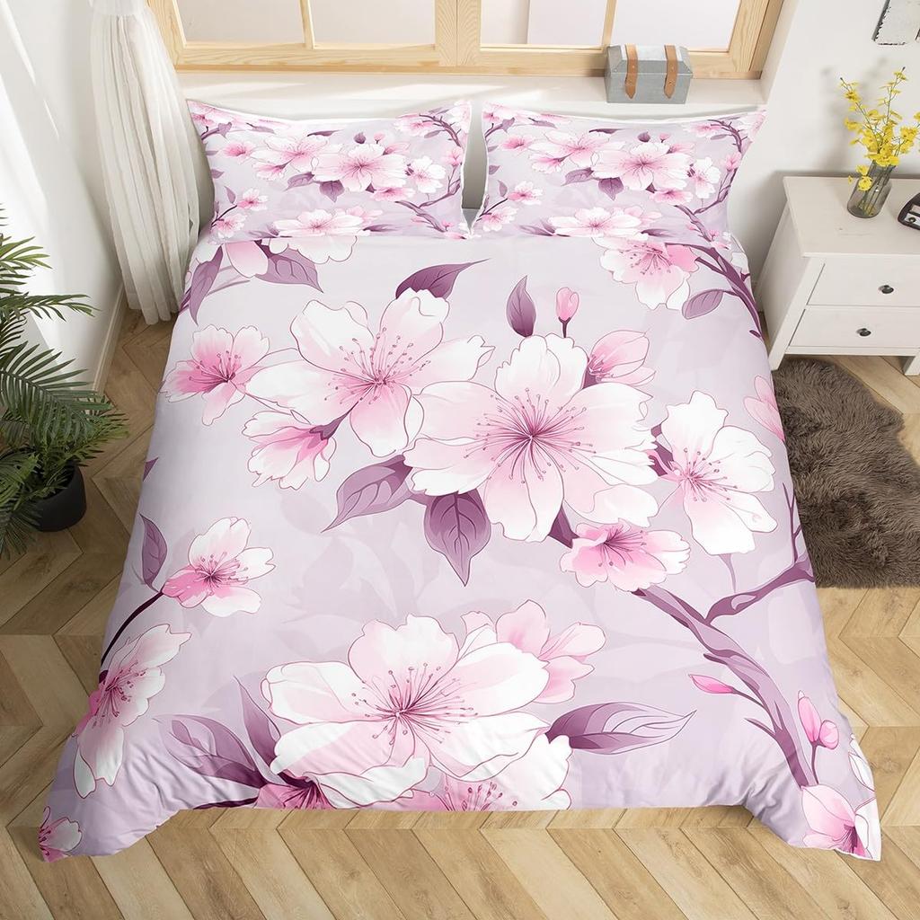 Pink Cherry Blossom Duvet Cover Twin King,Japanese Flowers Blossoms Romantic Floral Bedding Set,Farmhouse Petals Comforter Cover